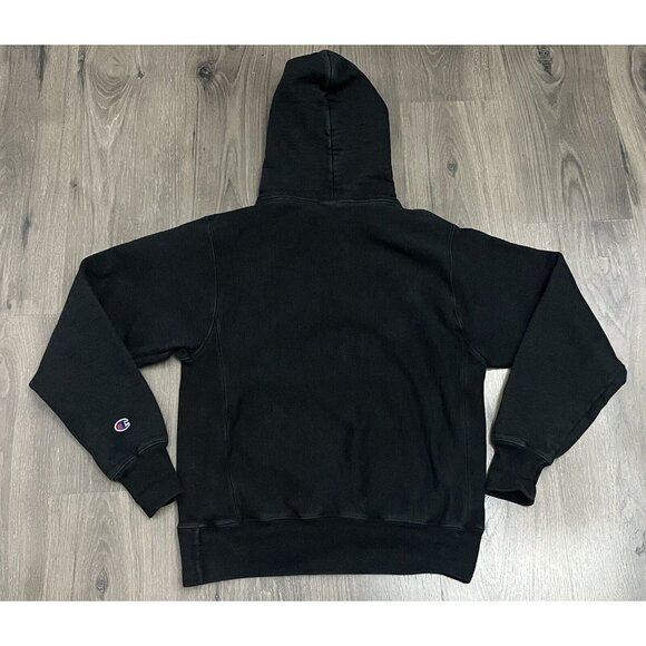 Champion Reverse Weave Sweatshirt Black Small Spell Out Hoodie Hood - Fade - Picture 9 of 9